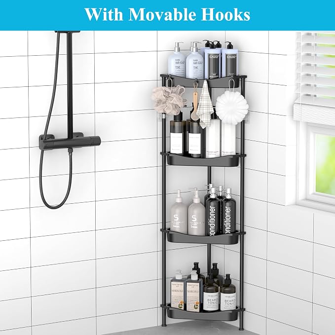 HuggieGems 4 Tier Floor Standing Corner Shower Caddy Organizer Shelf with Hooks, Bathroom Shelves Stand Rack, Jet Black - Image 6