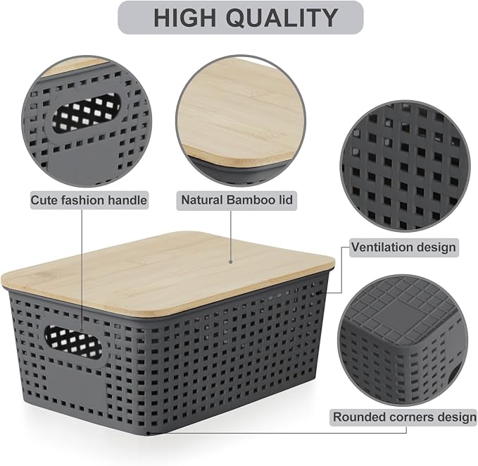 Bagnizer Small Plastic Storage Bins with Bamboo Lids 5.2qt Stackable Box Basket Pantry Decorative Containers Cute with Label for Organizing Desktop Closet Office Gray of 6 packs 10 * 7.2 * 4.1" - Image 3