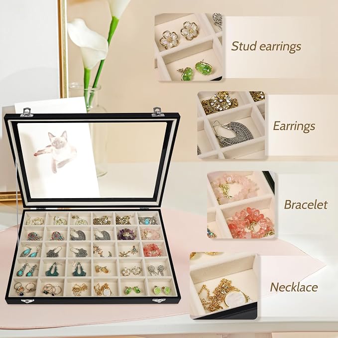 Stratalife Earring Organizer Jewelry Holder Organizer Drawer Earring Storage Jewelry Tray with Clear Lid Ring Box for Women Girls Anti Tarnish 30 Grid (Beige Black) - Image 4