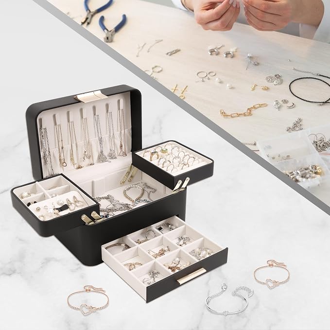 KAMIER Jewelry Box, Jewelry Organizer with Drawers, 3 Layers Jewelry Storage Organizer for Earring, Ring, Necklace, Bracelets, Gift for Women, Girls, Men, Black - Image 5