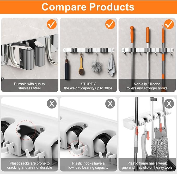 CUXIXA 2 Pack Mop and Broom Holder Wall Mount, Non-slip Broom Hanger Wall Mount, Heavy Duty Mop Broom Organizer for Kitchen Garden Garage Laundry Room Wall Decor Organization and Storage Black 5R4H - Image 7