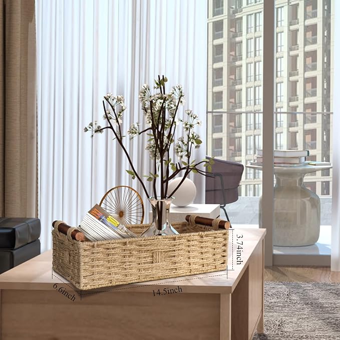STOBSK Round Paper Rope Storage Basket with Handle, Beige, 14.5in x 6.6in x 3.74in - Image 2