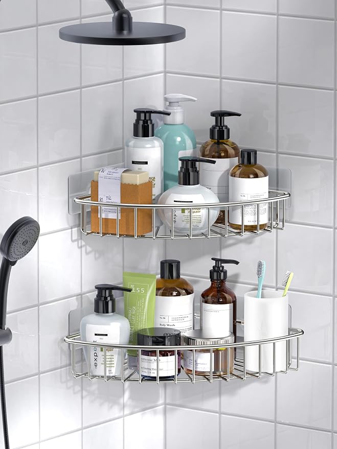 SMARTAKE 2-Pack Corner Shower Caddy, SUS304 Stainless Steel, Wall Mounted Bathroom Shelf with Adhesive, Storage Organizer for Toilet, Dorm and Kitchen (Silver) - Image 5