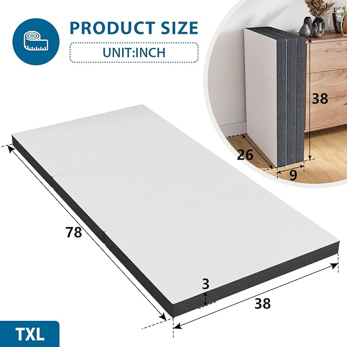 3 inch Folding Mattress Tri Fold Memory Foam Mattress Topper Portable Foldable Mattress Topper with Washable Cover Non-Slip Bottom for Camping, Guest, Floor RV, CertiPUR-US Certified,Twin XL
