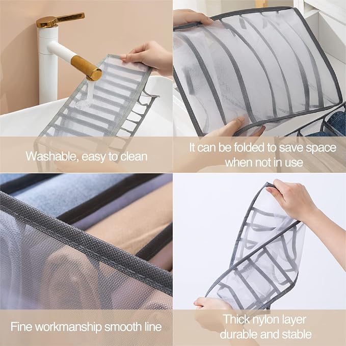 Wardrobe Clothes Organizer, 7 Grids Washable Portable Closet Organizer Mesh Separation Storage Box Foldable Closet Drawer Organizer for Underwear, Socks, Scarves, Jeans (Grey, 2 Jeans Grid) - Image 6