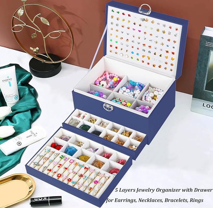 QBestry Earring Jewelry Box for Women Girls Stud Organizers, 5 Layers Navy Jewelry Organizer Box with Lock Necklaces and Earrings Holder Jewelry Box with Earring Organizer for Women Girls Xmas Gifts - Image 8