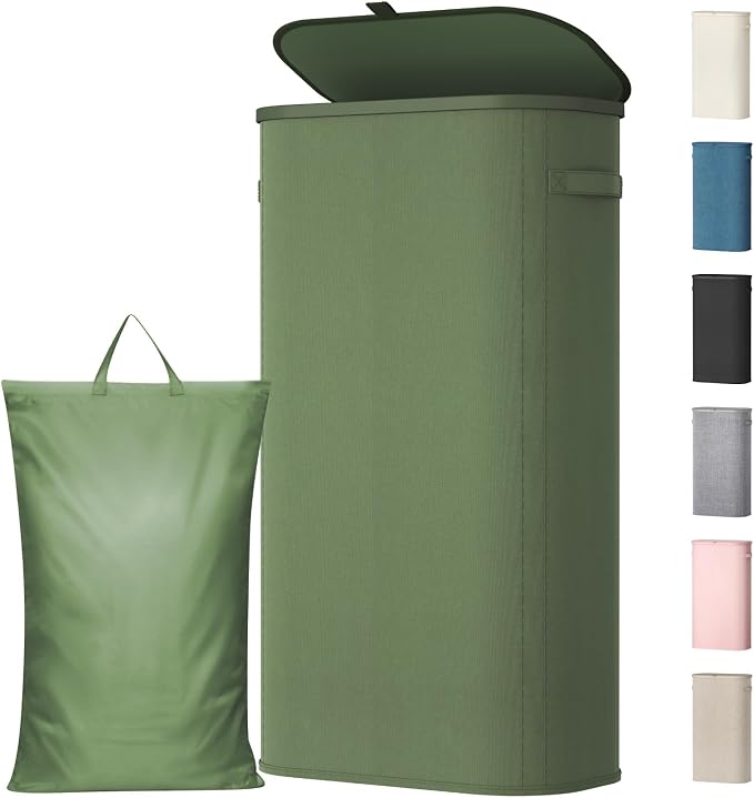 Lifewit Slim Laundry Basket with Lid, Narrow Large Laundry Hamper with Plastic Handles and Removable Bag, Tall Foldable Dirty Clothes Hampers for Laundry Room, Bedroom, Bathroom, Dorm, 75L Green by Lifewit