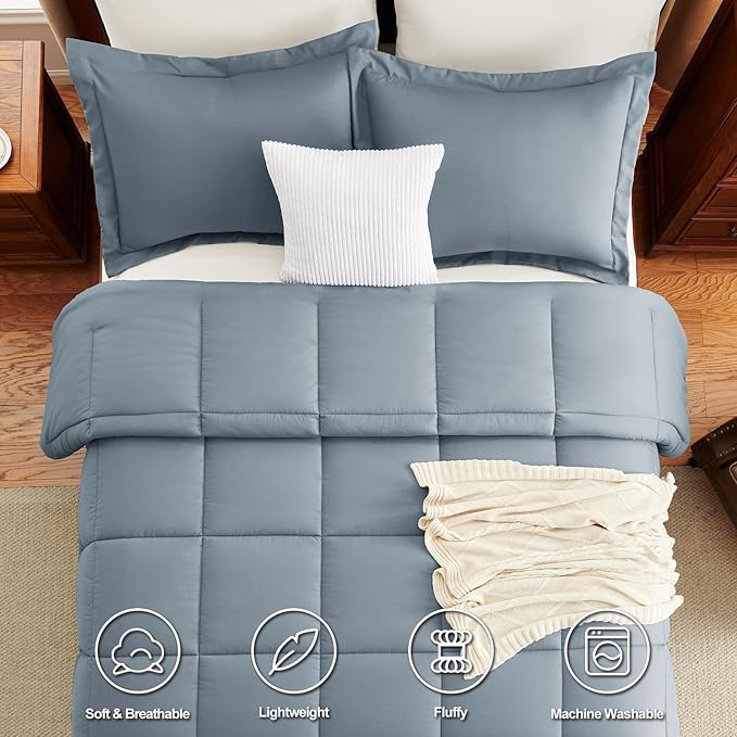 CozyLux Queen Size Comforter Set - Grayish Blue Comforter Queen Size, 3 Pieces Box Stitched Bed Set for All Seasons, Soft Lightweight Bedding Sets with 1 Down Alternative Comforter and 2 Pillow Shams