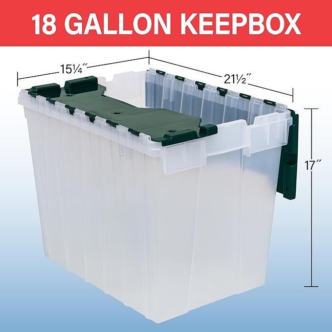 Akro-Mils KeepBox 18 Gallon Storage Container, Nesting and Stackable Plastic Storage Box with Lid Attached, Clear Tote for Garages, Closets, and Moving, 21" x 15" x 17", Clear/Green, 3-Pack - Image 2