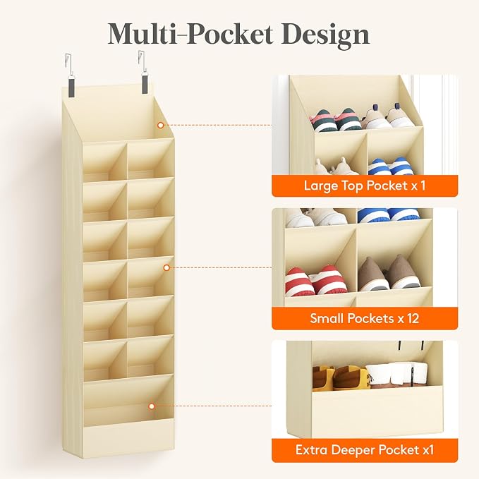 Lifewit 8 Tier Over the Door Shoe Organizer with 15 Large Deep Pockets, Fabric Hanging Shoes Shelf for Closet, Dorm Storage, Fit Up to 16 Pair Shoe Rack Holder for Sneakers, Boots, Beige - Image 6
