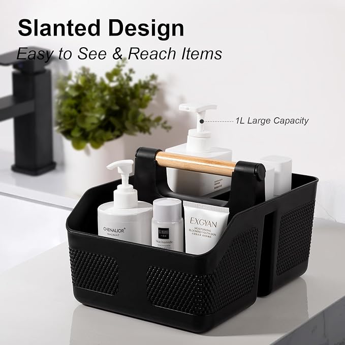 rejomiik Shower Caddy Portable with Bamboo Handle, Plastic Basket Cleaning Caddy Organizer Storage Tote for Bathroom, College, Dorm Room Essentials, Black - Image 3