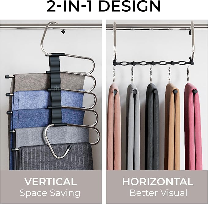 MORALVE Pants Hangers Space Saving - 4 Pack - Non-Slip Multi-Layer Space Saving Hangers - Multifunctional Clothing Rack for Closet Storage - Ideal for Jeans, Trousers, Skirts, Scarves & Slacks (Black) - Image 3