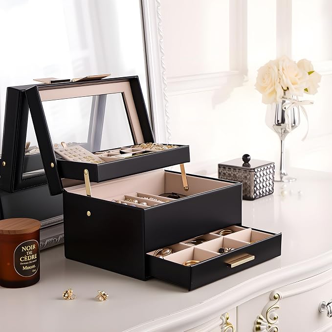 Lolalet Jewelry Box, Clear Window Jewelry Organizer with Drawer for Earrings Bracelets Necklaces Rings, Jewelry Storage for Women -Black, 3 Layers - Image 7
