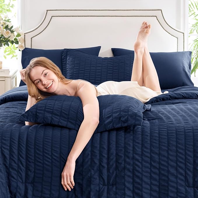 CozyLux Twin Comforter Set with Sheets 5 Pieces, Navy Blue Seersucker Textured Bed in a Bag, Luxury Soft Bedding Sets with Down Alternative Comforter, Sheets, Pillowcase & Sham for All Seasons
