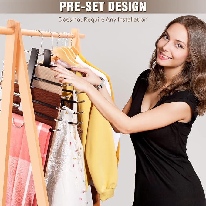HUITEM 4 Pack 6-Tier Space Saving Pant Hangers, Anti-Slip, Lightweight, Stainless Steel, Black, 6 Pairs Jeans Hangers - Image 4