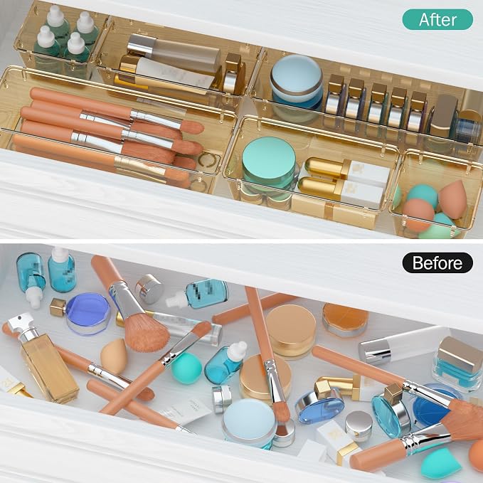 WOWBOX 12 Pack Clear Drawer Organizer Set, Acrylic Drawer Storage Trays, Storage Bins for Makeup, Cosmetics, Jewelries, Utensils, Gadgets, Office, Champagne - Image 4