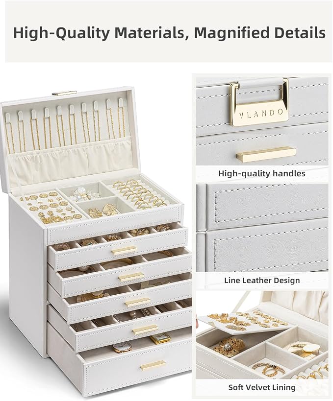 Vlando 6 Layer Large Jewelry Box - Jewelry Holder Organizer, Jewelry Box Organizer for Drawer Necklace Ring Bracelet and Watch, Birthday Gift for Loved Ones - White - Image 3