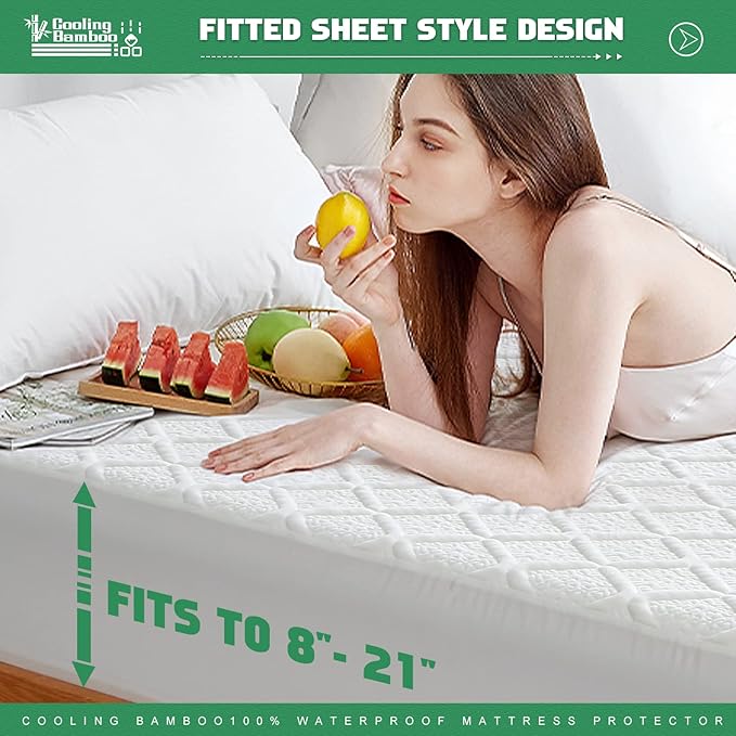 UNILIBRA Full Size Waterproof Mattress Protector, 3D Air Rayon Made from Bamboo Cooling Mattress Cover, Breathable Deep Pocket Mattress Pad Fits to 8''-21'' White