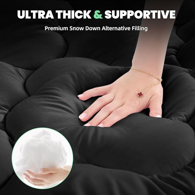 BDEUS Full Mattress Pad, Extra Thick 1450GSM Mattress Topper, Four Leaf Clover Soft Mattress Protector Cover with 21" Deep Pocket for Back Pain Relief, 3D+7D Down Alternative Fill Overfilled, Black