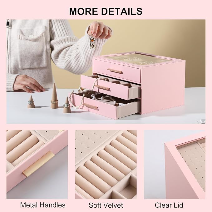 Frebeauty Clear Lid Jewelry Box,3-Layer Jewelry Organizer with Drawer,PU Leather Jewelry Organizers and Storage,Jewelry Boxes for Women,Jewelry Storage for Rings Earring Stud,Gift for Women(Pink) - Image 5