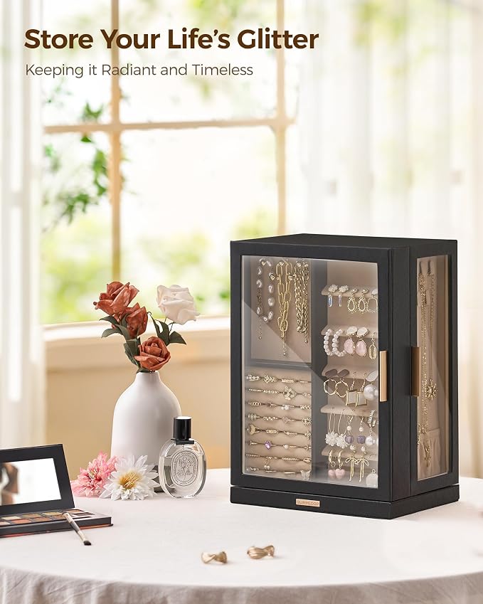 Glimmloop 360° Rotating Jewelry Box with 7 Drawers, Spacious Vertical Jewelry Organizer with Glass Window, Jewelry Storage Case, Dustproof & Moisture-resistant Design, Black - Image 2