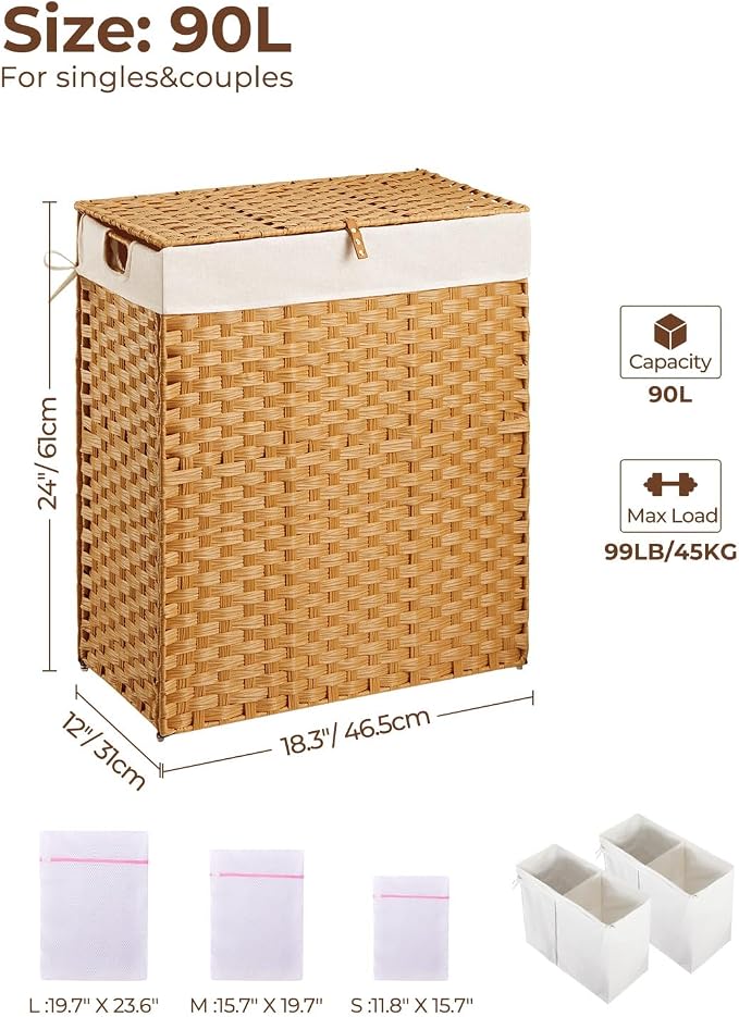Greenstell Laundry Hamper No Install Needed, Divided Clothes Hamper with 2 Removable Liner Bags, 90L Handwoven Synthetic Rattan Laundry Basket with Lid and Handles, Foldable Natural - Image 6