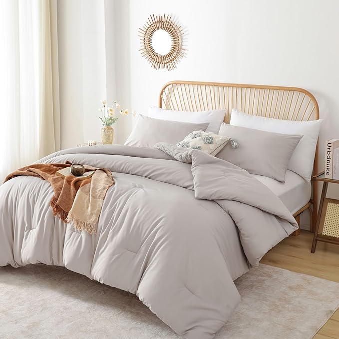 ROSGONIA Queen Comforter Set Linen Grey, 3pcs Queen Size Comforter(1 Boho Gray Comforter & 2 Pillowcases) All Season Lightweight Bedding Blanket Quilt