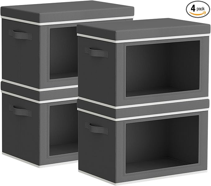 Homsorout Storage Bins with Lids - Small Fabric Organizers with Window, Collapsible Storage Bins for Clothes, Decorative Closet Organizers for Towels, Tshirt, 4 Pack, Dark Grey by Homsorout