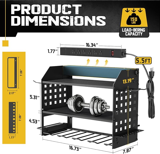 SPACECARE Power Tool Organizer with Charging Station 6 Outlets, 3-Layer Heavy Duty Wall Mount Drill Storage Rack, Cordless Tool with Utility Shelf, Garage Organization and Storage for Workshop- Black - Image 3