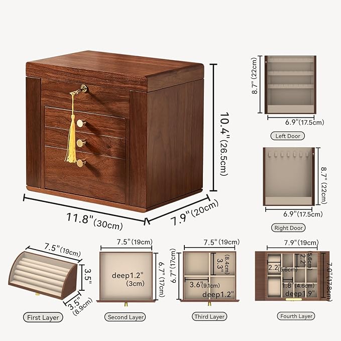 Black Walnut Wooden Jewelry Box, Wood Jewelry Organizer with 2 Side Doors Mirror Lockable Classical for Watch Necklace Ring Earring Mothers Day Gifts for Mo-4 Layer with Curved Ring Grooves - Image 4