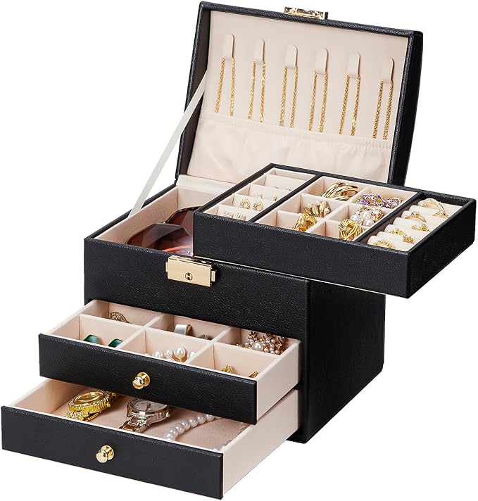 Homde Mothers Day Gifts Small Girls Jewelry Box with Lock: 3 Layer Organizer with Removable Tray - Storage for Ring Necklace Earring - Birthday & Return Gifts for Young Women (Graphite Black) by Homde