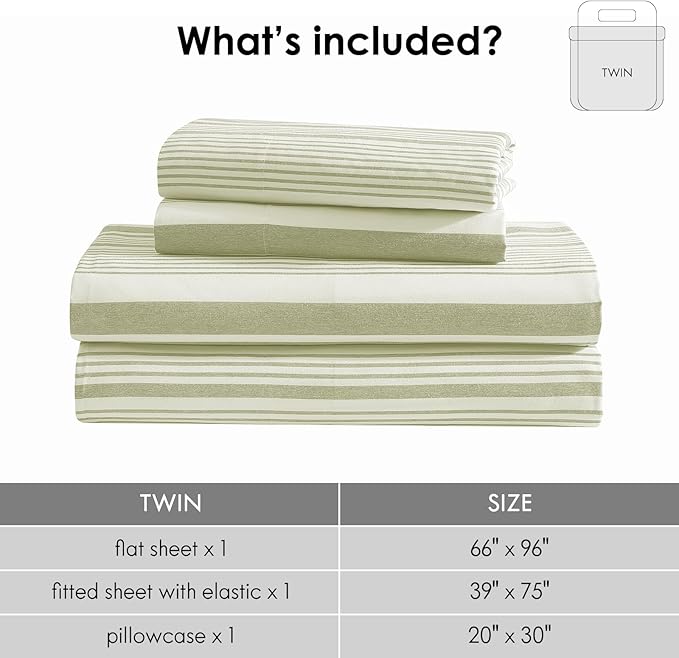 ClevaHome Classic Stripe Sheet Set - 3 Pieces Super Soft & Breathable Bed Sheet Set with Deep Pocket, Enhanced Comfort & Easy Care (Twin, Sage Stripe)
