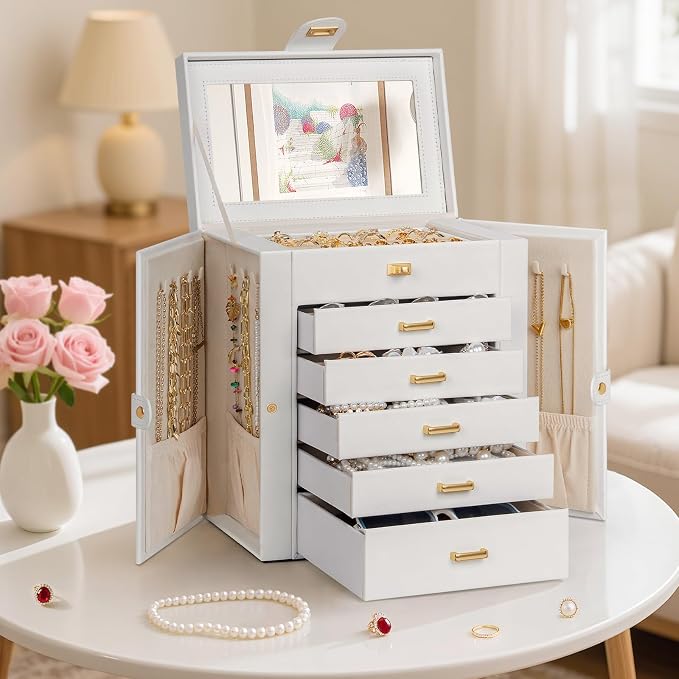 AKOZLIN 6-Tier Jewelry Box Organizer Functional 5 Drawers Leather Jewelry Storage Case for Women Girls Ring Necklace Earring Bracelet Holder Organizer with Mirror White - Image 7