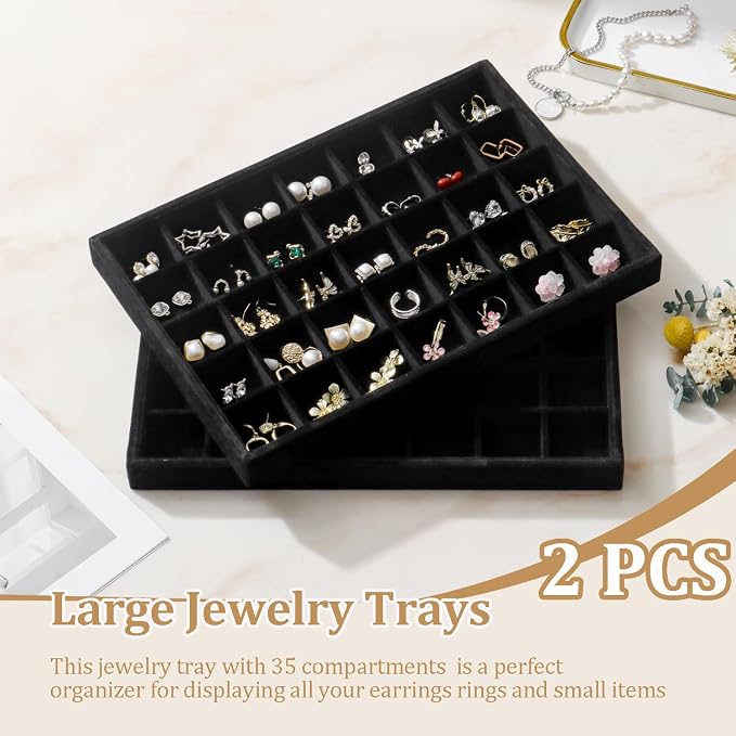 Large Velvet Jewelry Tray 2 Pack Stackable Jewelry Display Drawer Inserts Trays Organizer for Earring Bracelet Necklace Ring (Black, 35 Grids) - Image 2