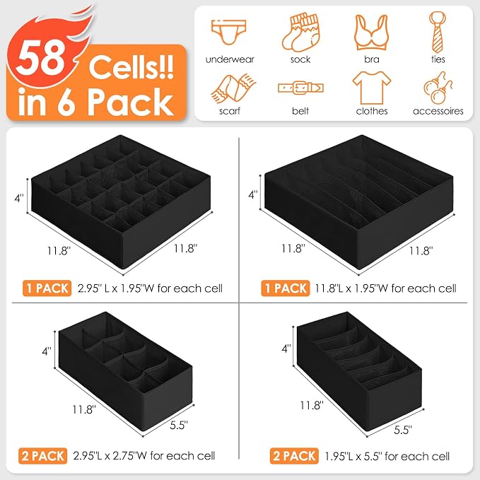 6 Pack Sock Underwear Drawer Organizer Dividers, 58 Cell Foldable Fabric Dresser Closet Organizers and Storage Bins for Clothing, Baby Clothes, Bra, Panty, Scarf, Ties (Black) - Image 4