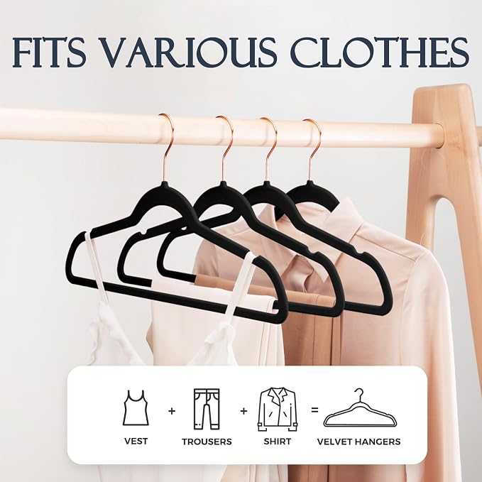 HOUSE DAY Black Velvet Hangers 60 Pack, Premium Non-Slip Felt Hangers, Sturdy Black Clothes Coat Hanger Heavy Duty, Durable Suit Hanger for Space Saving, No Marks Gold Hook - Image 3
