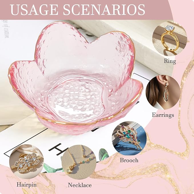 Gifts for Women Pink Flower Ring Dish Glass Jewelry Dish Jewelry Tray Cute Vanity Organizer Room Decor Aesthetic Nightstand Bathroom Decor Trinket Dish Ring Holder Dish Jewellery Tray Valentine's Gift - Image 9