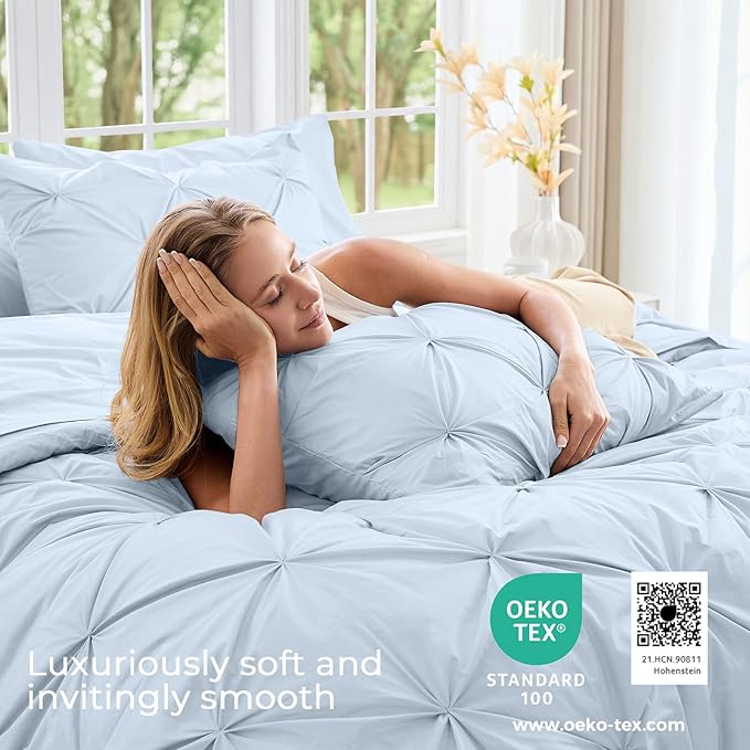 Sasttie California King Comforter Set, 7-Piece Bed in a Bag, Pintuck Bedding Sets for All Season, Includes Comforter, Flat Sheet, Fitted Sheet, Pillowcases and Pillowshams, Light Blue
