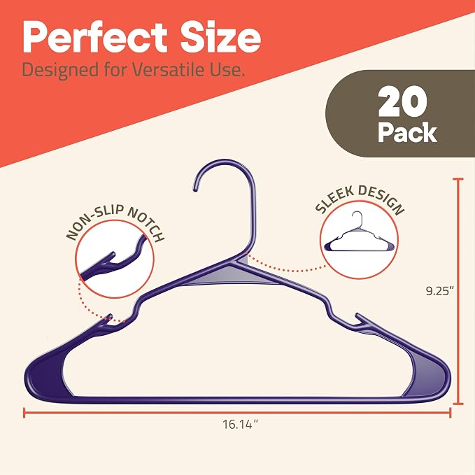 Purple Plastic Hangers 20 Pack– Heavy-Duty Plastic Hangers Slim and Space-Saving, Durable and Lightweight with Non-Slip Shoulder Notches for Slip Dresses, Suits, Jackets & Camisoles - Image 2