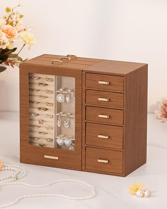 Homde Large Jewelry Box/Organizer/Case with Glass Window, Drawers for Necklaces Earrings Rings Bracelets Watches Gift for Women Girls - Image 8