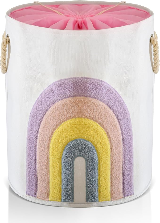 INough Pink Baby Hamper, XL Canvas 58L Laundry Basket with Drawstring Closure, Boho Rainbow Decor by INough