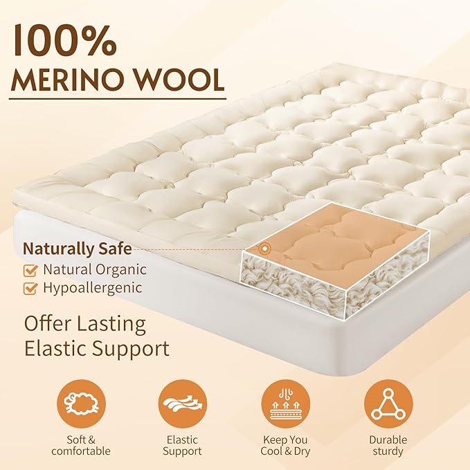 Luxury 100% Organic Wool Mattress Topper Made from Australian Merino,Extra Thick Pillow Top Mattress Pad with 100% Cotton Cover, Fuffy Mattress Cover (Beige, Queen(60"x80"))