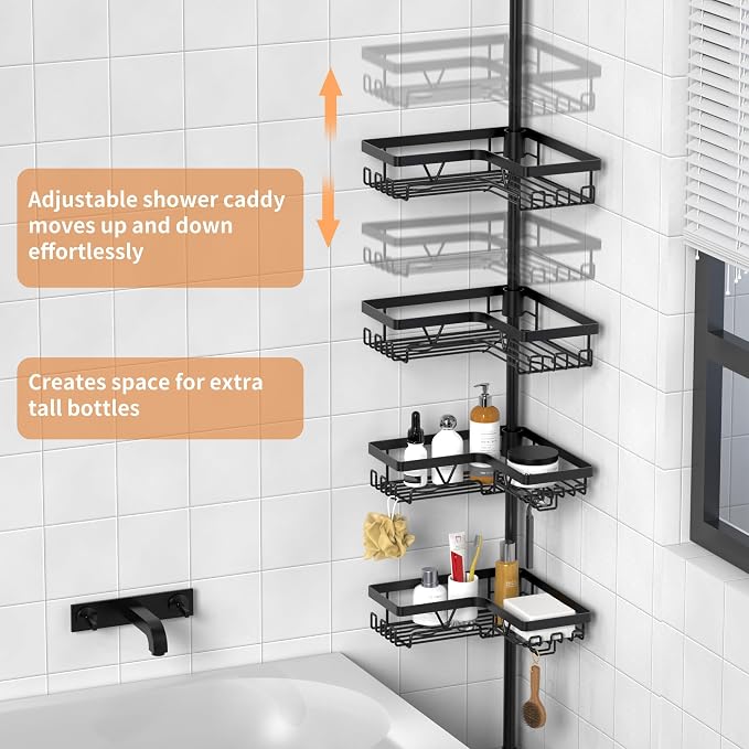 KEGII Black Shower Caddy Tension Pole with 2 Towel Bars, Adjustable Corner Bathroom Organizer, Rustproof Bathtub Storage Shelves for Shampoo, 25–114.2 Inch Shower Corner Rack for Renters & Family - Image 4