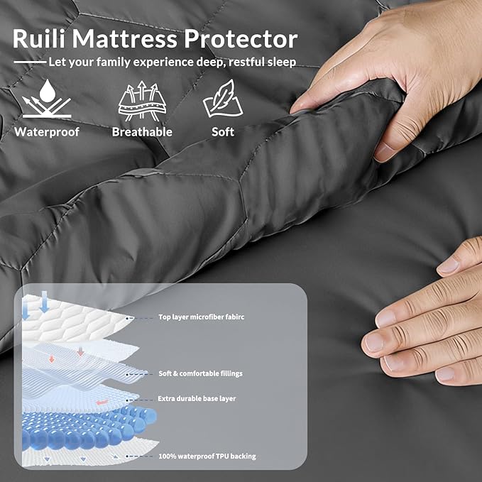 Queen Mattress Protector Waterproof Washable Mattress Padded Cover Fitted Queen Size Bed Protection Noiseless Plastic Bed Pad Deep Pocket Up to 18“ Soft and Breathable（Gray）
