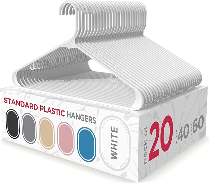 Sharpty Plastic Hangers Clothes Hangers for Clothing, Closet, Coats & Shirts - Durable, Thick, Tough & Space Saving - for Everyday Standard Use, Room Essentials & Basics - 20 Pack - White by Sharpty