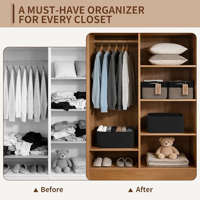 Goodpick 4 Pack Storage Baskets for Shelves, Rectangle Wicker Storage Bins for Baby Shower Toys, Decorative Organizer Shelf Baskets for Gifts Empty, 13''L x 8''W x 6''H, Black & Jute - Image 4