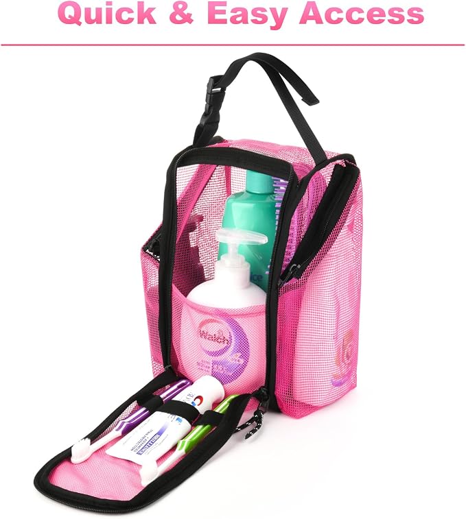 Cosmos Mesh Shower Caddy Toiletry Organizer Hanging Shower Tote Bag, Quick Dry Shower Organizer Portable Bath Bag with Durable Zippers & Side Pockets for Travel Gym Swimming Beach & Camp (Hot Pink) - Image 3