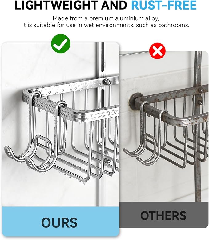 Adjustable Shower Caddy Hanging - Never Rust Shower Organizer Hanging, Aluminum Shower Racks for Inside Shower - Bathroom Organizers and Storage with 2 Soap Holders and 2 Removable Hooks, Silver - Image 5