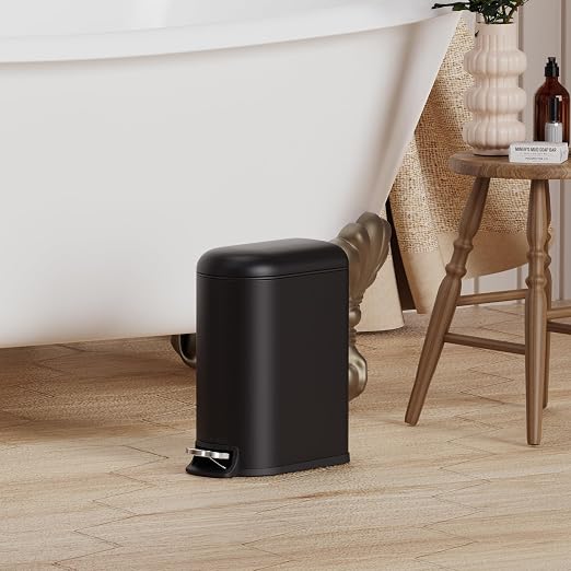 CEROELDA Small Bathroom Trash Can with Lid Soft Close, 5L/1.3 Gallon Stainless Steel Slim Garbage Can, Metal Waste Basket with Step Pedal, for Office, Bedroom, Toilet, Dorm Room (Black, 1.3 Gallon) - Image 2
