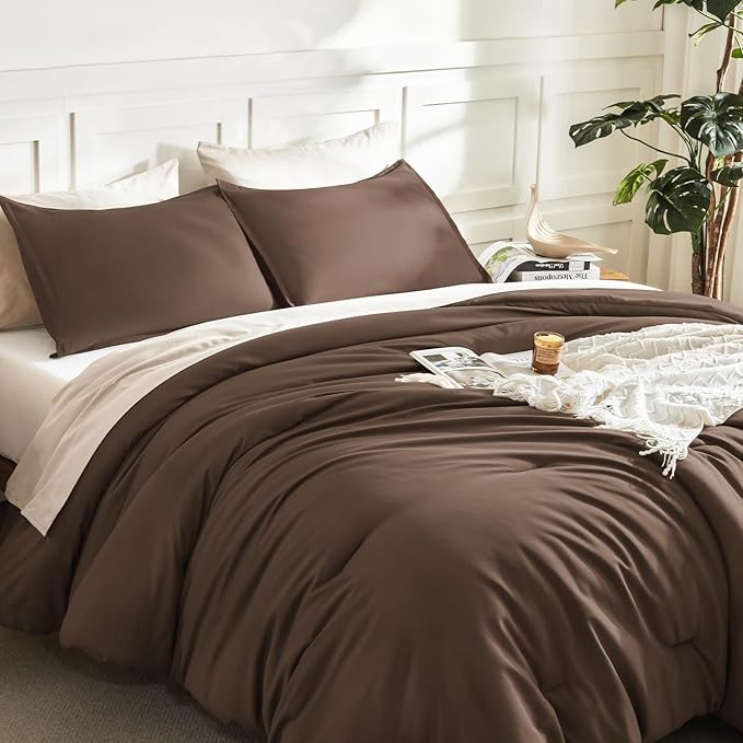 Litanika Comforters Brown Oversized Queen Size, 3 Pieces Lightweight Solid Bedding Set & Collections, All Season Fluffy Bed Set (98x98In Comforter & 2 Pillowcases)